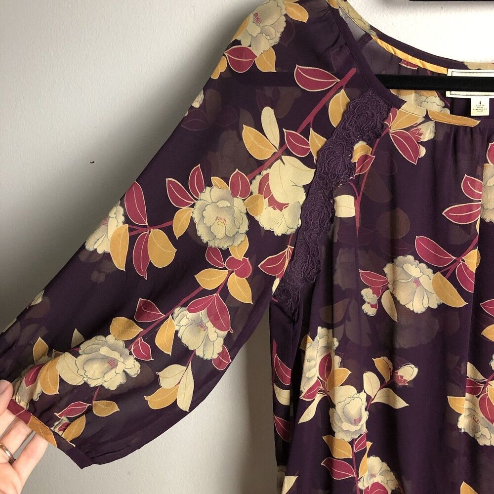 Anthropologie Moulinette Soeurs Blouse Womens 4 Sheer Floral Silk 3/4 Sleeve - Picture 3 of 15